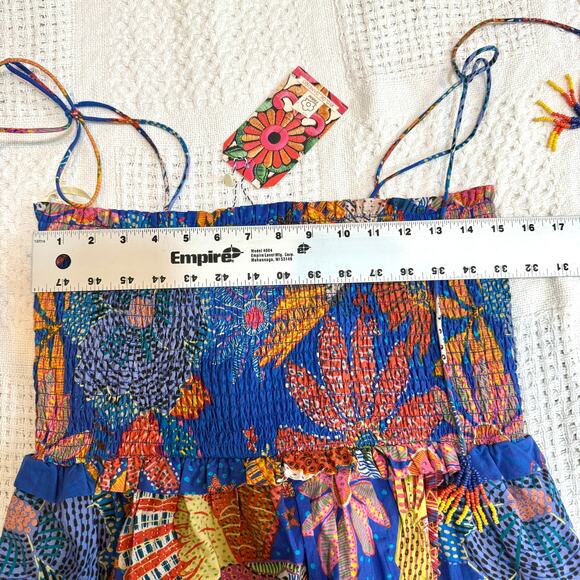 Farm Rio medium smocked poplin tropical beaded tie strap dress D1 2629 - Picture 2 of 9